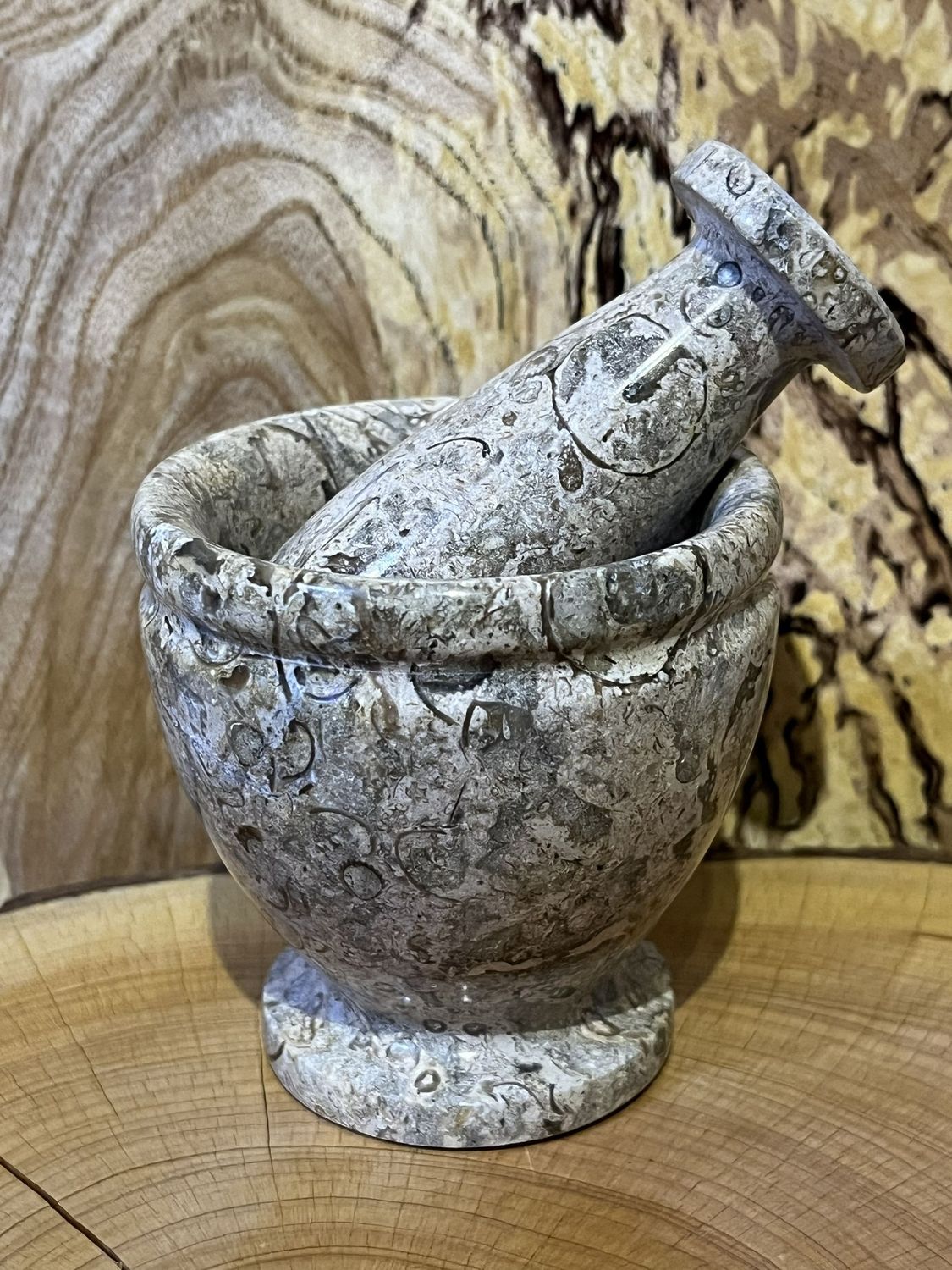 Fossil Stone Goblet Pestle and Mortar