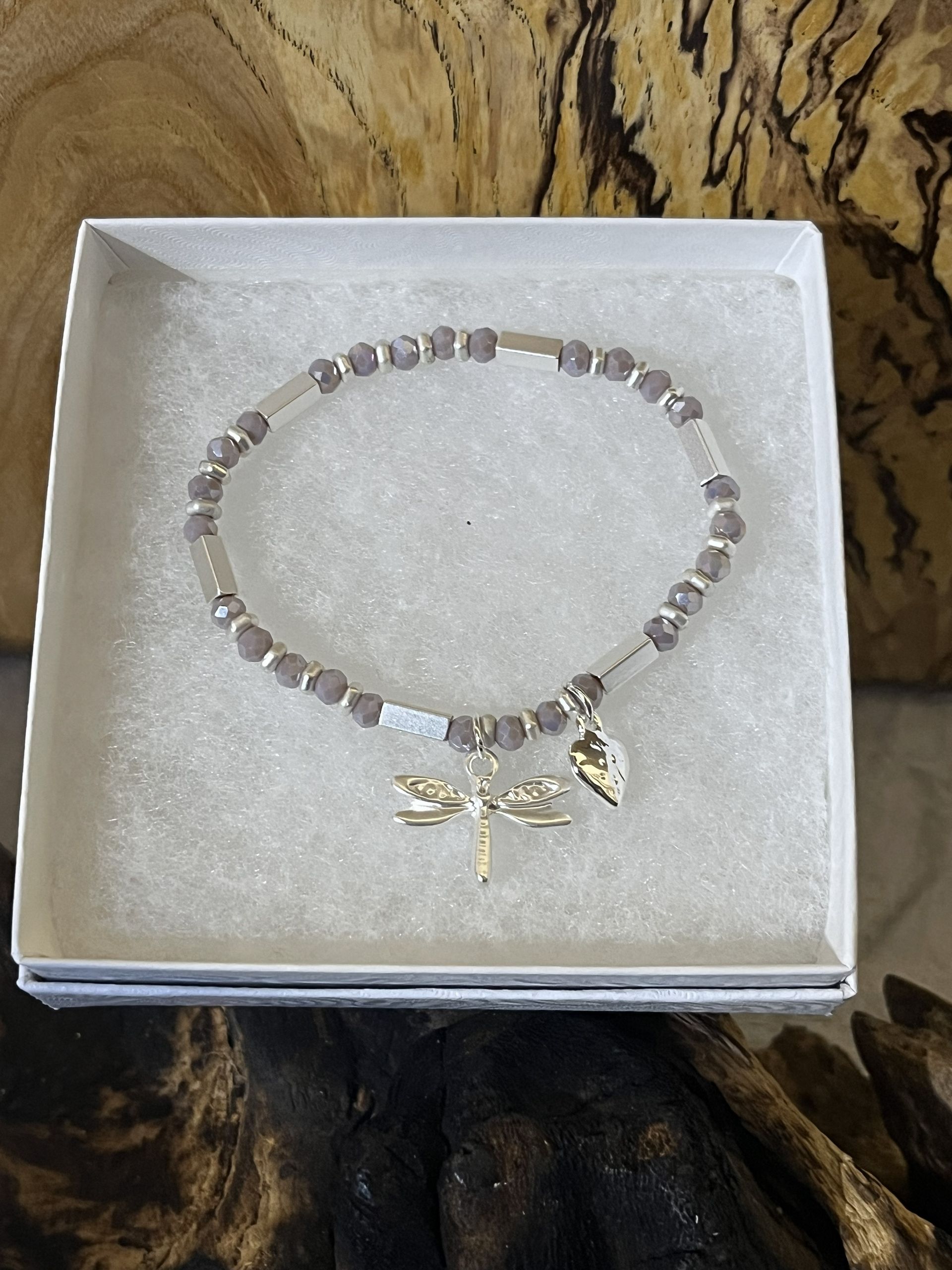 Silver Tone Pastel Dragonfly Stretch Bracelet