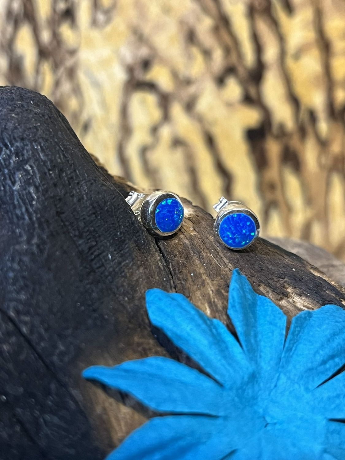 Dainty Opal Round Stud Silver Earrings