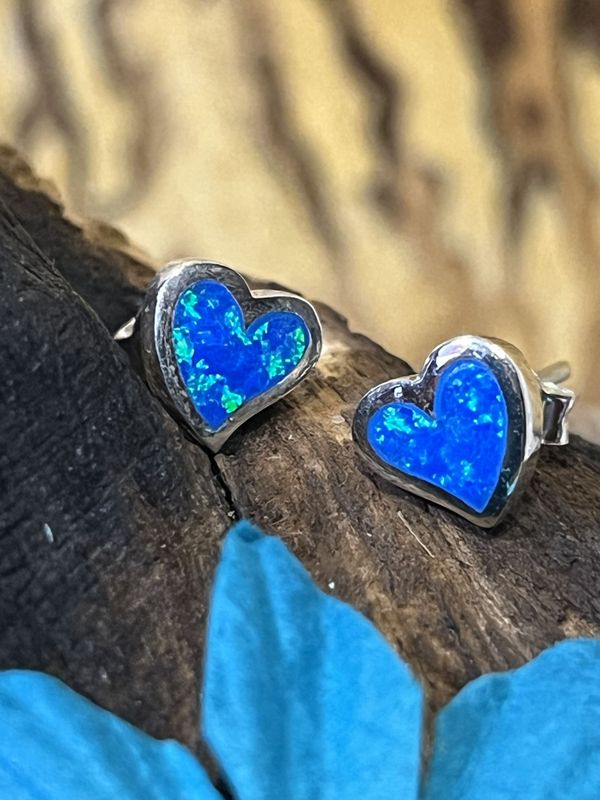Dainty Opal Heart Stud Silver Earrings