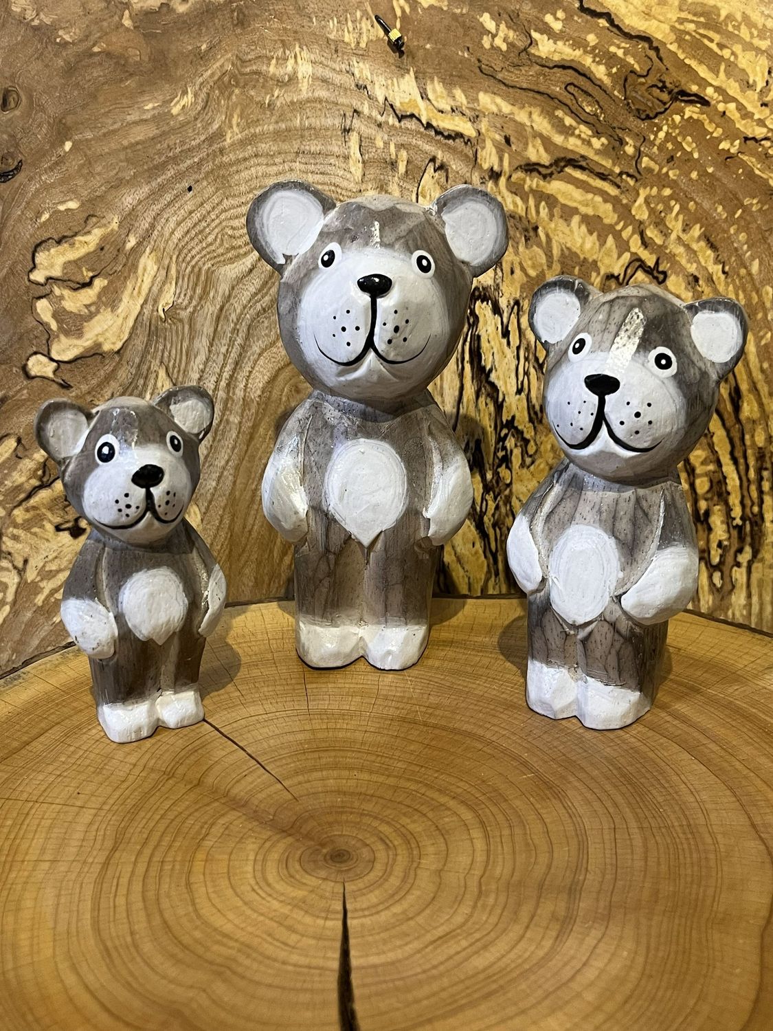 Set of 3 Grey Wooden Bears