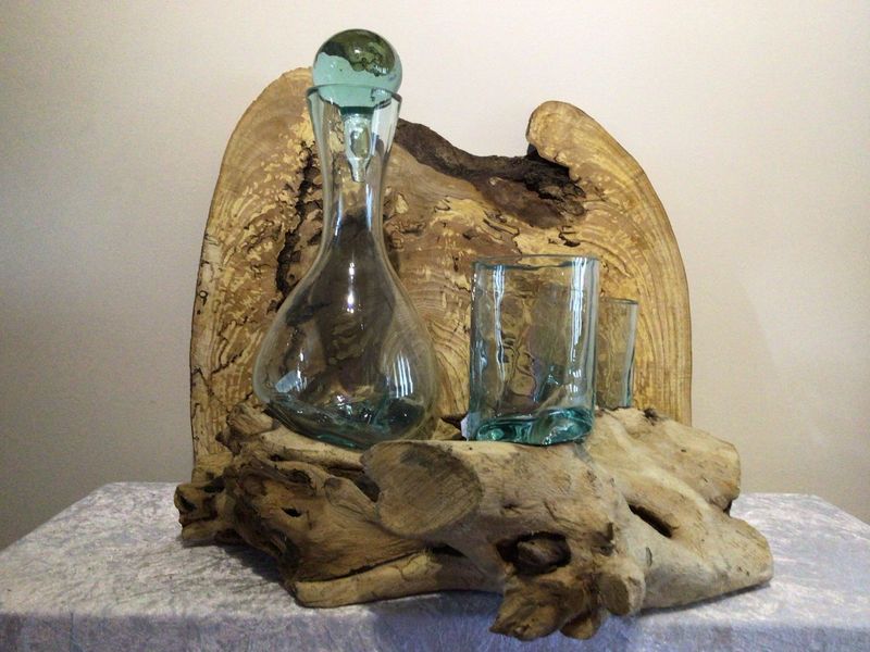 Recycled Glass Decanter and Glasses on Teak Root