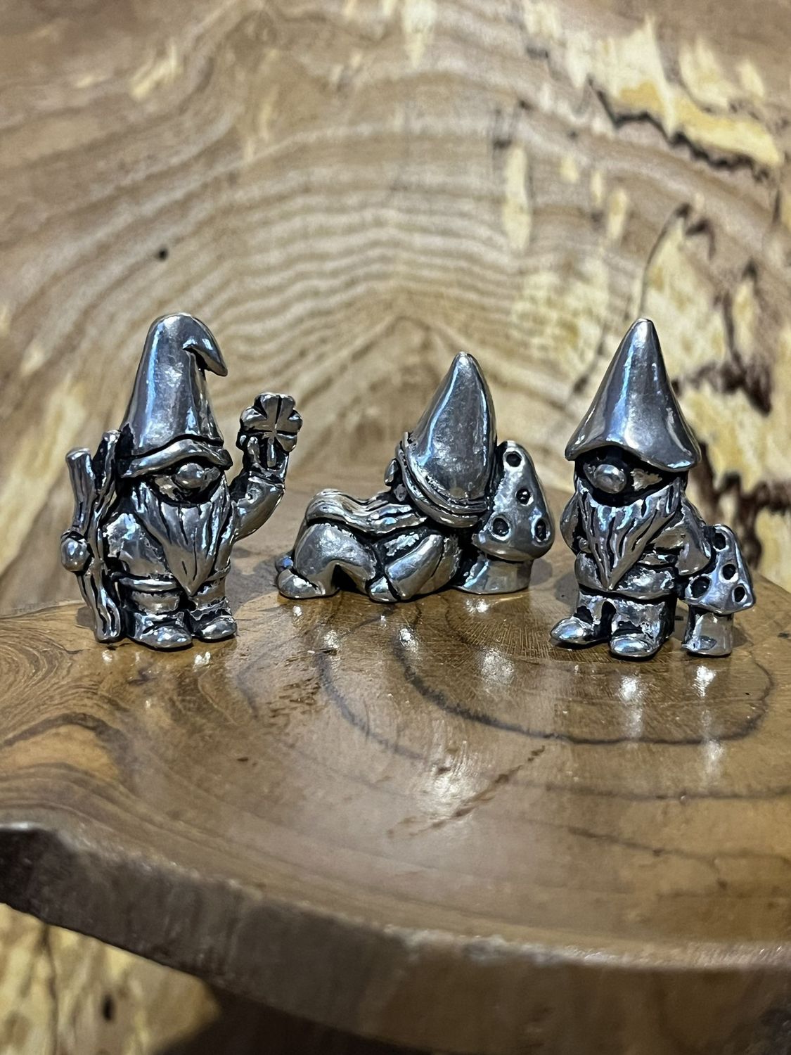 3 Piece Pewter Miniature Gnome Set with Pouch