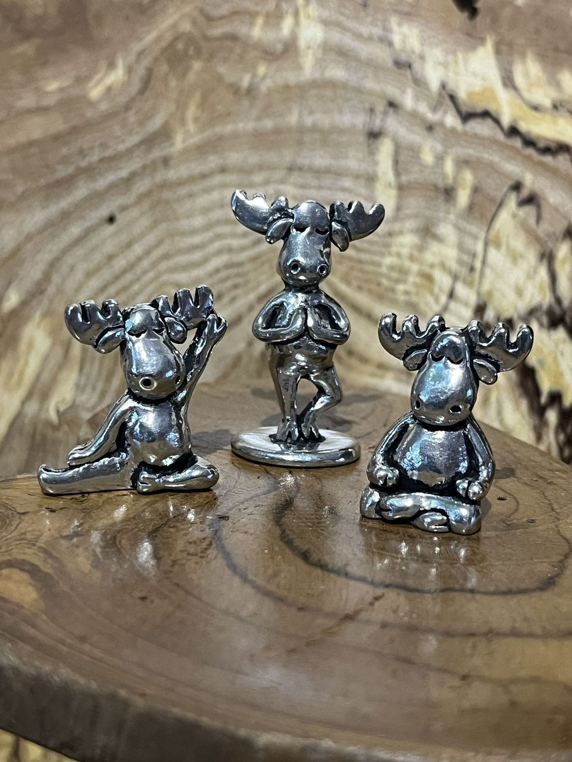 3 Piece Pewter Miniature Yoga Moose Set with Pouch
