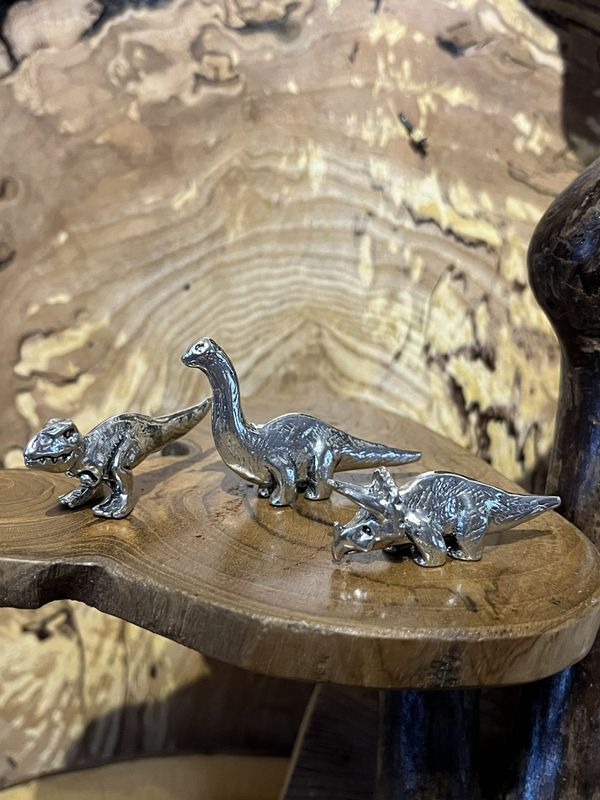 3 Piece Pewter Miniature Dinosaur Set with Pouch 3 Piece Pewter Miniature Dinosaur Set with Pouch