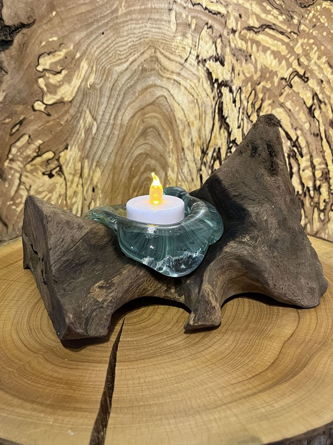 Teak Root Re-cycled Glass Tea Light Holder Teak Root Re-cycled Glass Tea Light Holder