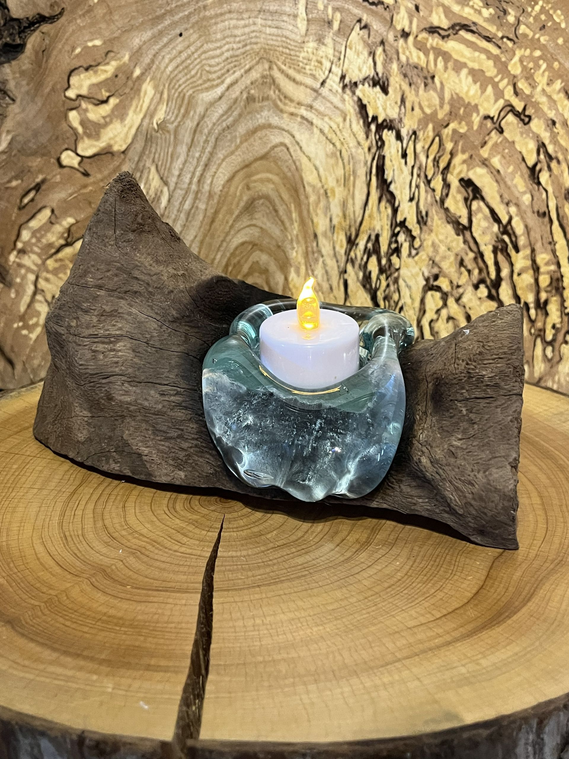 Teak Root Re-cycled Glass Tea Light Holder