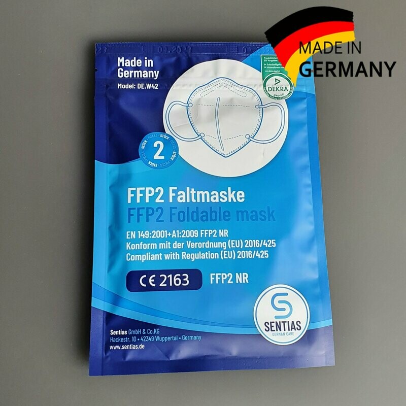 2 Stück Erwachsenen-FFP2 NR Atemschutzmaske Sentias "Made in Germany" Faltmaske zum Selbstschutz - Lieferzeit ab Lager