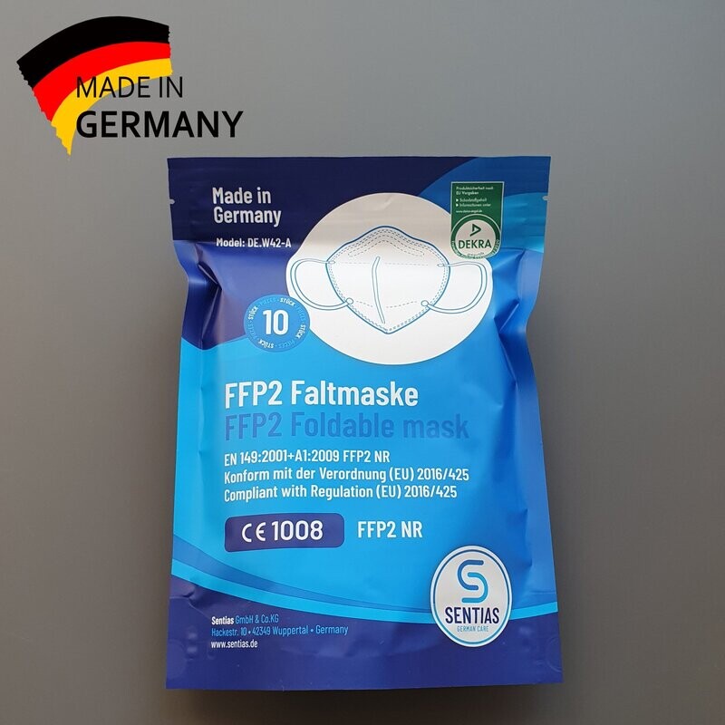 10 Stück Erwachsenen-FFP2 NR Atemschutzmaske Sentias 10 Stück Erwachsenen-FFP2 NR Atemschutzmaske Sentias "Made in Germany" Faltmaske zum Selbstschutz - Lieferzeit ab Lager