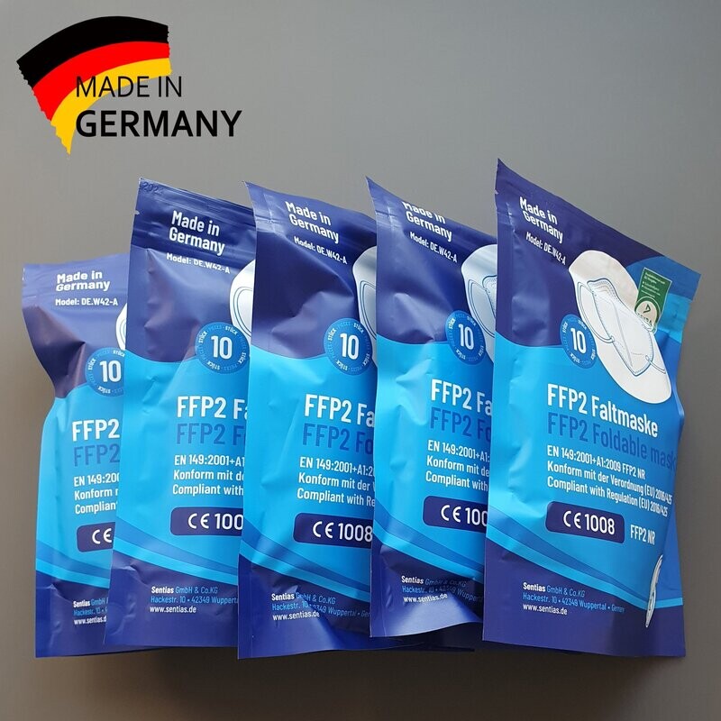 5 x 10 Stück Erwachsenen-FFP2 NR Atemschutzmaske Sentias 5 x 10 Stück Erwachsenen-FFP2 NR Atemschutzmaske Sentias "Made in Germany" Faltmaske zum Selbstschutz - Lieferzeit ab Lager