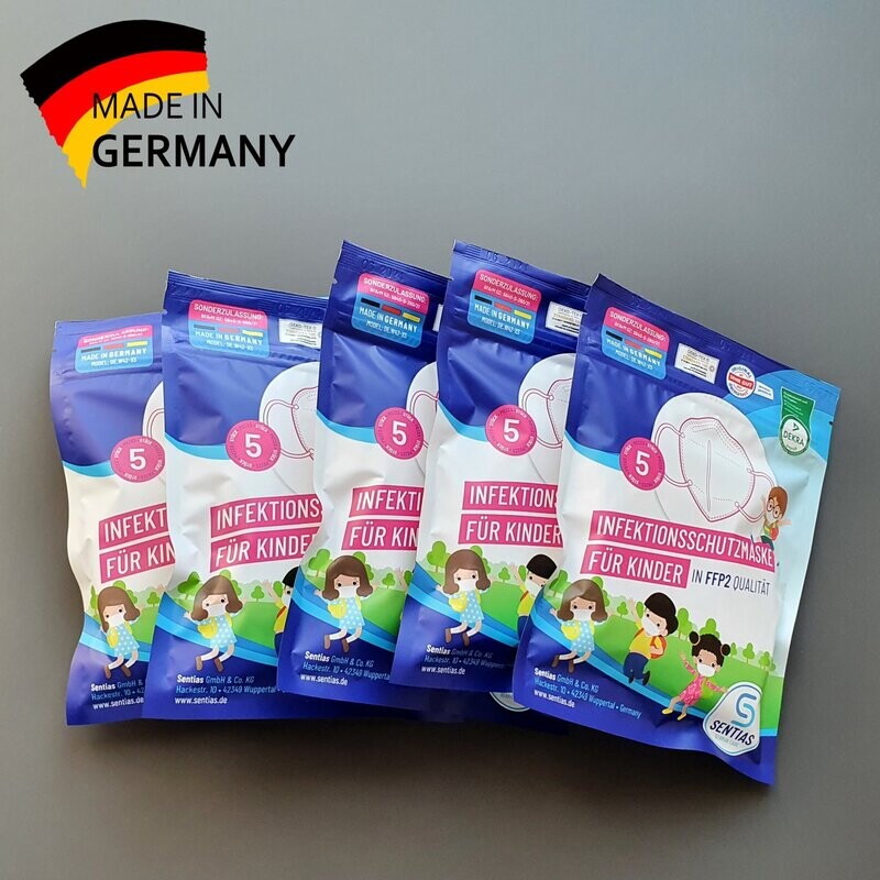 5 x 5er Pack Kindermasken Sentias 5 x 5er Pack Kindermasken Sentias "Made in Germany" angelehnt an den FFP2-Standard - Lieferzeit ab Lager