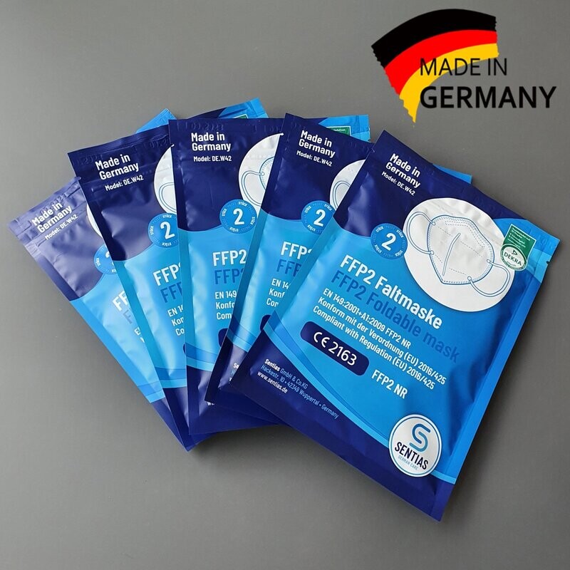 5 x 2 Stück Erwachsenen-FFP2 NR Atemschutzmaske Sentias 5 x 2 Stück Erwachsenen-FFP2 NR Atemschutzmaske Sentias "Made in Germany" Faltmaske zum Selbstschutz - Lieferzeit ab Lager
