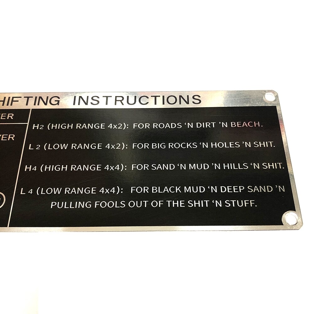 GEAR SHIFTING INSTRUCTIONS PLACARD : 40-SERIES LAND CRUISER (4-SPEED) (FUNNY VERSION)