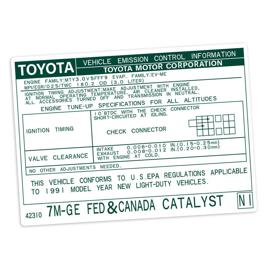VEHICLE EMISSIONS CONTROL INFORMATION DECAL : TOYOTA SUPRA A70 (7M-GE) (USA/CANADA) (1991)