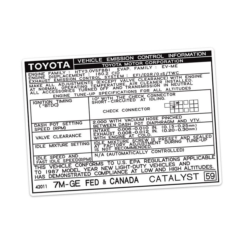 VEHICLE EMISSIONS CONTROL INFORMATION DECAL : TOYOTA SUPRA A70 (7M-GE) (USA/CANADA) (1987)