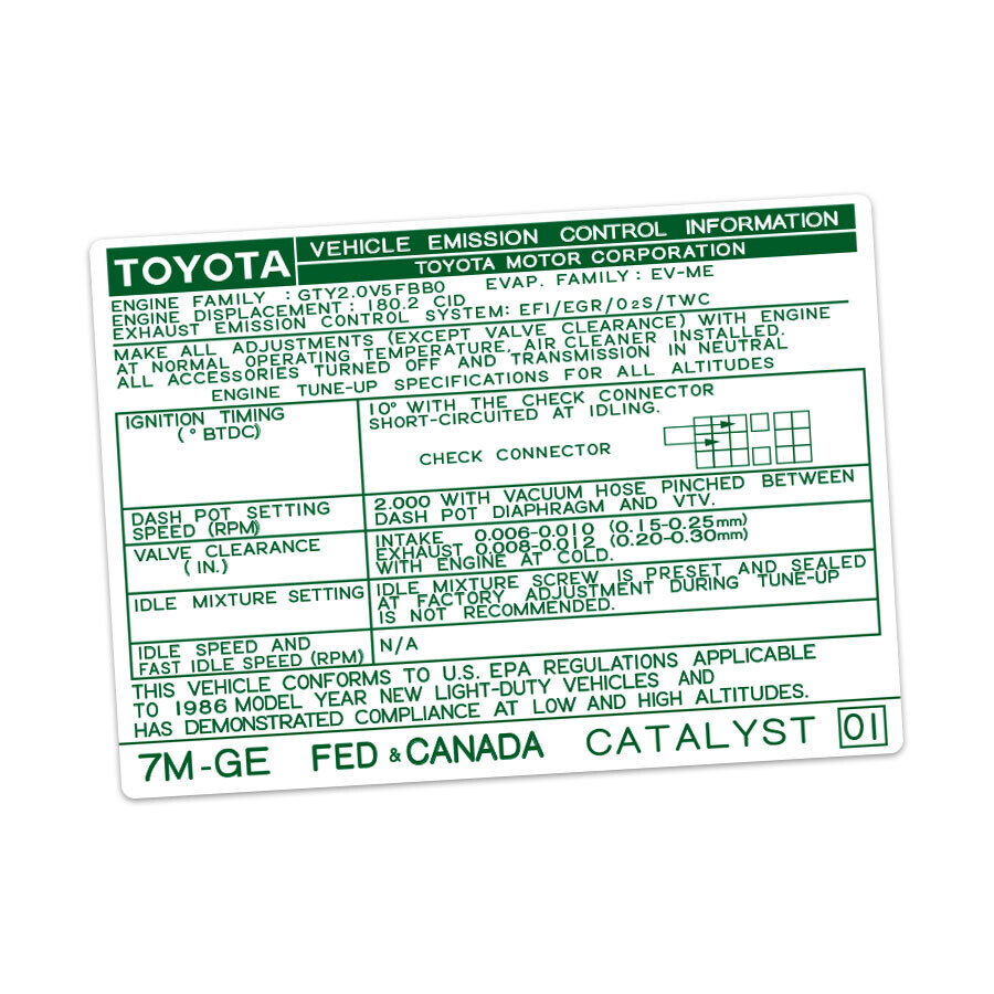 VEHICLE EMISSIONS CONTROL INFORMATION DECAL : TOYOTA SUPRA A70 (7M-GE) (USA/CANADA) (1986)
