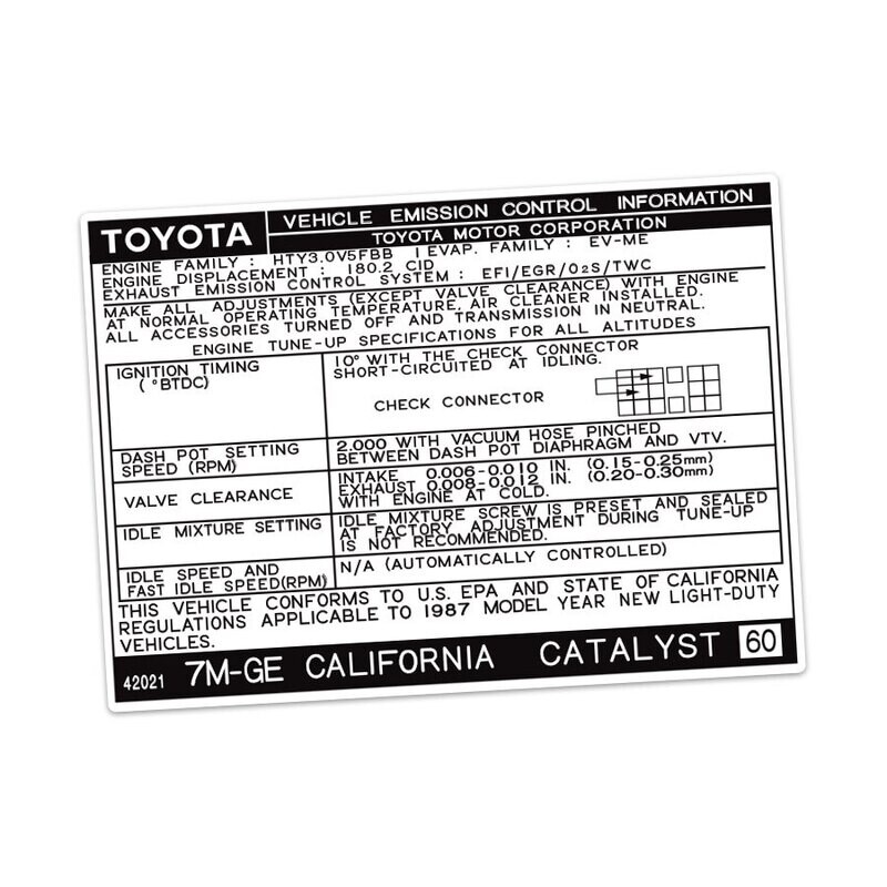 VEHICLE EMISSIONS CONTROL INFORMATION DECAL : TOYOTA SUPRA A70 (7M-GE) (CALIFORNIA) (1987)