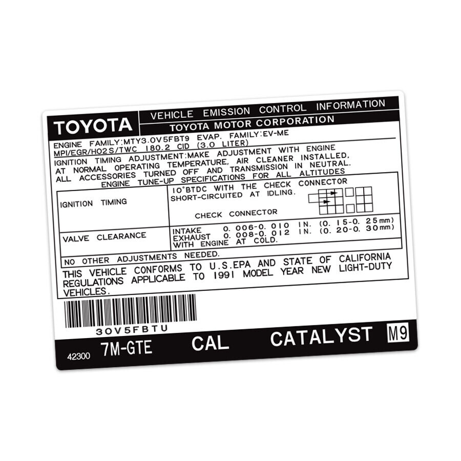 VEHICLE EMISSIONS CONTROL INFORMATION DECAL : TOYOTA SUPRA A70 (7M-GTE) (CALIFORNIA) (1991)
