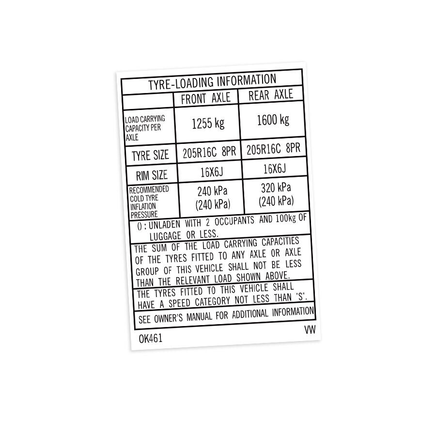 TYRE INFORMATION PLACARD : TOYOTA HILUX KUN26R (0K461)