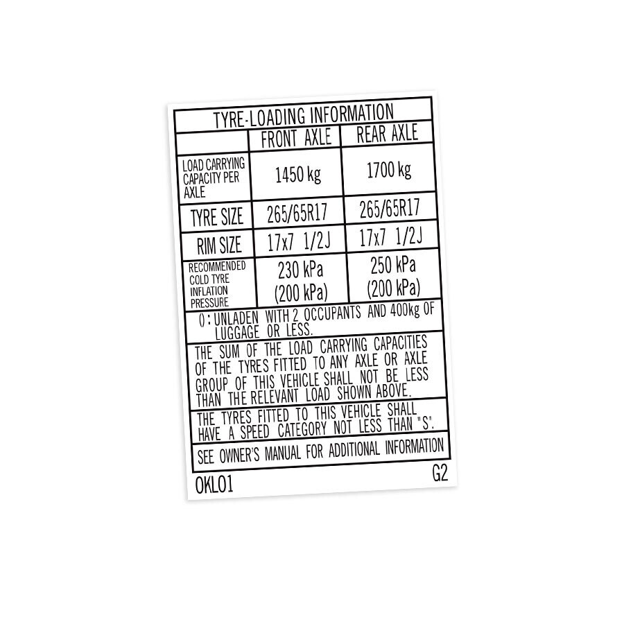 TYRE INFORMATION PLACARD : TOYOTA HILUX KUN26R (0KL01)