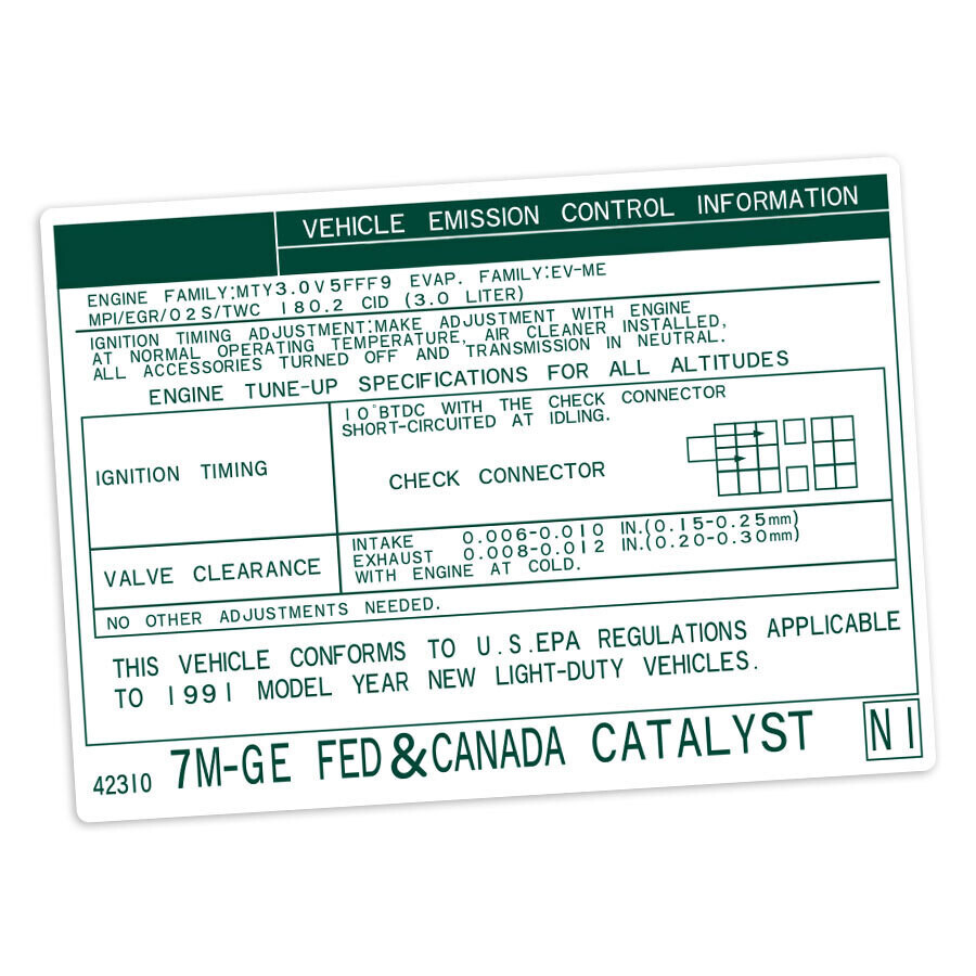 VEHICLE EMISSIONS CONTROL INFORMATION DECAL : TOYOTA SUPRA A70 (7M-GE) (USA/CANADA) (1991)
