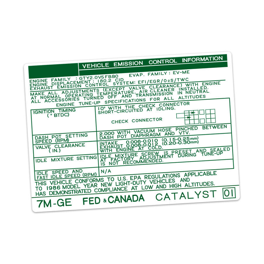 VEHICLE EMISSIONS CONTROL INFORMATION DECAL : TOYOTA SUPRA A70 (7M-GE) (USA/CANADA) (1986)