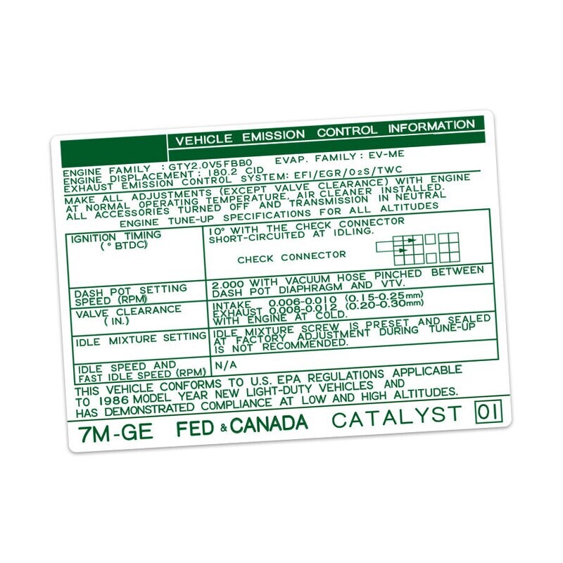 VEHICLE EMISSIONS CONTROL INFORMATION DECAL : TOYOTA SUPRA A70 (7M-GE) (USA/CANADA) (1986)