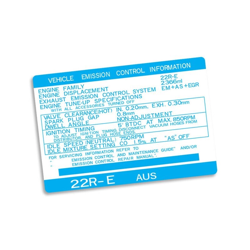 VEHICLE EMISSIONS CONTROL INFORMATION DECAL : 22R-E (AUS)