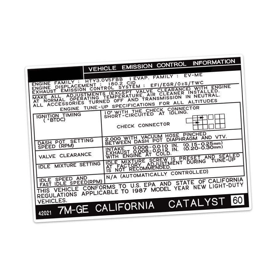 VEHICLE EMISSIONS CONTROL INFORMATION DECAL : TOYOTA SUPRA A70 (7M-GE) (CALIFORNIA) (1987)
