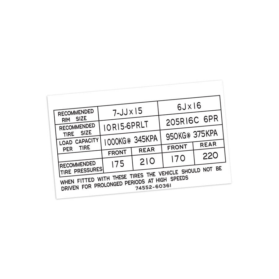 TYRE INFORMATION PLACARD DECAL : J70/J71/BUNDERA SWB TOYOTA LAND CRUISER (#74552-60361)