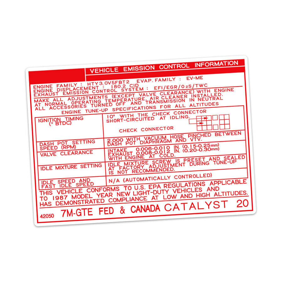 VEHICLE EMISSIONS CONTROL INFORMATION DECAL : TOYOTA SUPRA A70 (7M-GTE) (USA/CANADA) (1987)