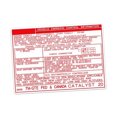 VEHICLE EMISSIONS CONTROL INFORMATION DECAL : TOYOTA SUPRA A70 (7M-GTE) (USA/CANADA) (1987)