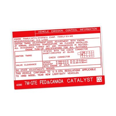 VEHICLE EMISSIONS CONTROL INFORMATION DECAL : TOYOTA SUPRA A70 (7M-GTE) (USA/CANADA) (1992)
