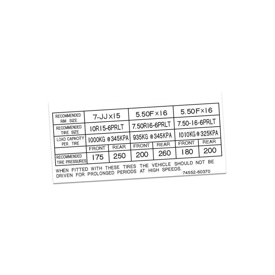 TYRE INFORMATION PLACARD DECAL : J73/J74 MWB TOYOTA LAND CRUISER (#74552-60370)
