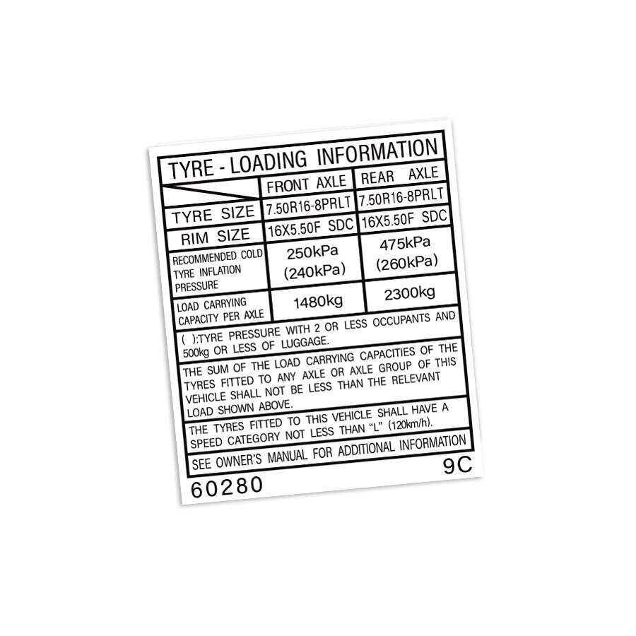 TYRE INFORMATION PLACARD DECAL : J79 UTILITY TOYOTA LAND CRUISER (#60280)