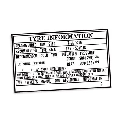 TYRE INFORMATION PLACARD DECAL : TOYOTA SUPRA A70