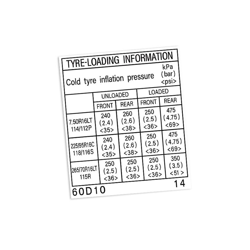 TYRE INFORMATION PLACARD DECAL : J79 UTILITY TOYOTA LAND CRUISER (#60D10)