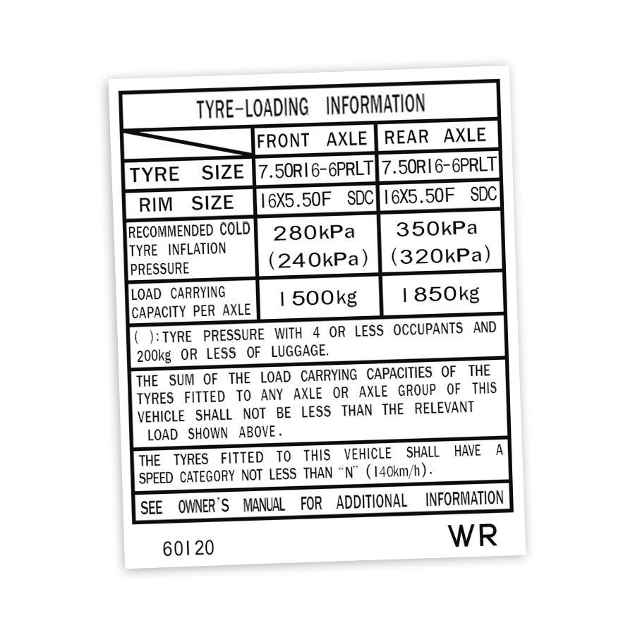 TYRE INFORMATION PLACARD DECAL : 80-SERIES TOYOTA LAND CRUISER (#60120)
