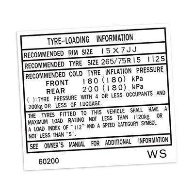 TYRE INFORMATION PLACARD DECAL : 80-SERIES TOYOTA LAND CRUISER (#60200)