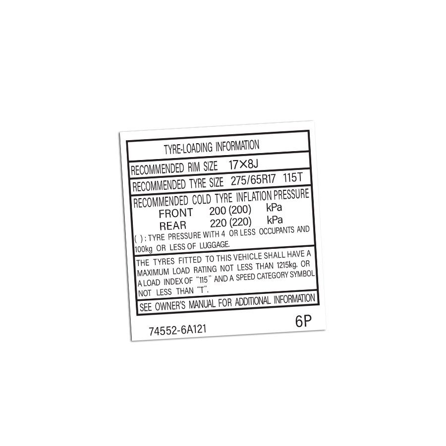 TYRE INFORMATION PLACARD : TOYOTA LANDCRUISER 100-SERIES (6A121)