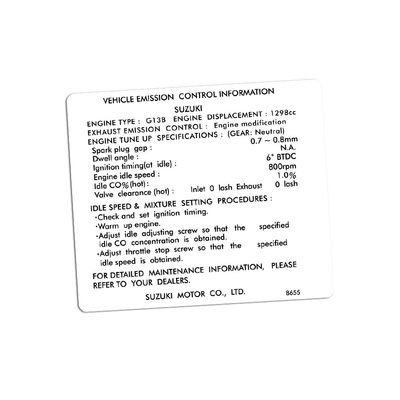 REPRODUCTION EMISSIONS CONTROL DECAL : 1986-1988 SUZUKI SWIFT GTi Mk1