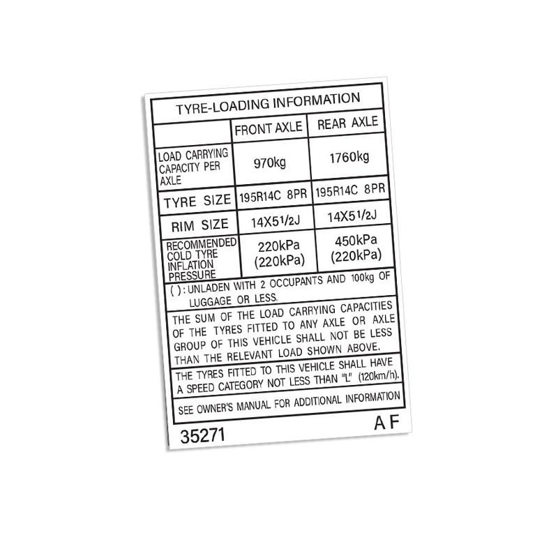 TYRE INFORMATION PLACARD : TOYOTA HILUX (1997-2004) (35271)