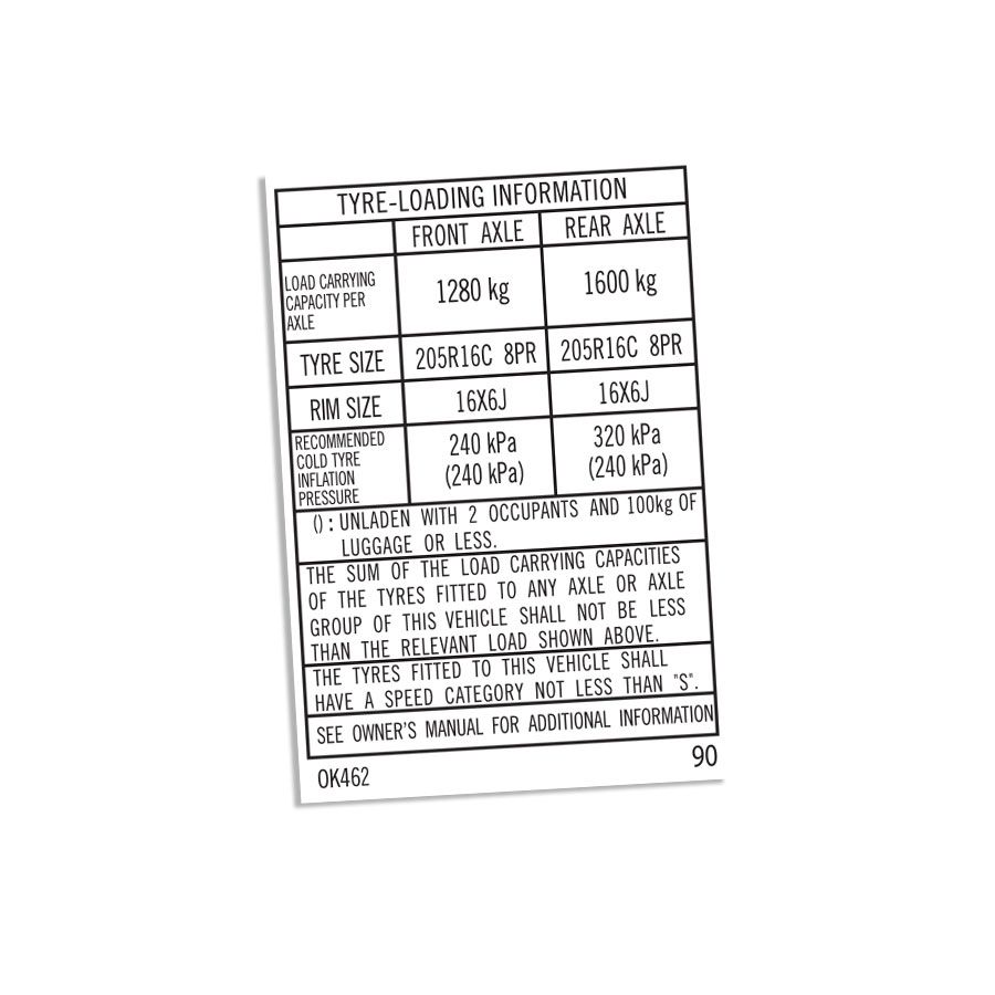 TYRE INFORMATION PLACARD : TOYOTA HILUX KUN26R (0K462)