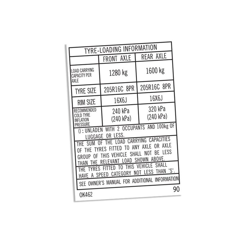 TYRE INFORMATION PLACARD : TOYOTA HILUX KUN26R (0K462)