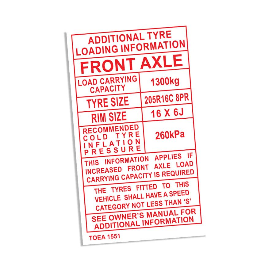 ADDITIONAL TYRE INFORMATION PLACARD : TOYOTA HILUX KUN26R (TOEA-1551)