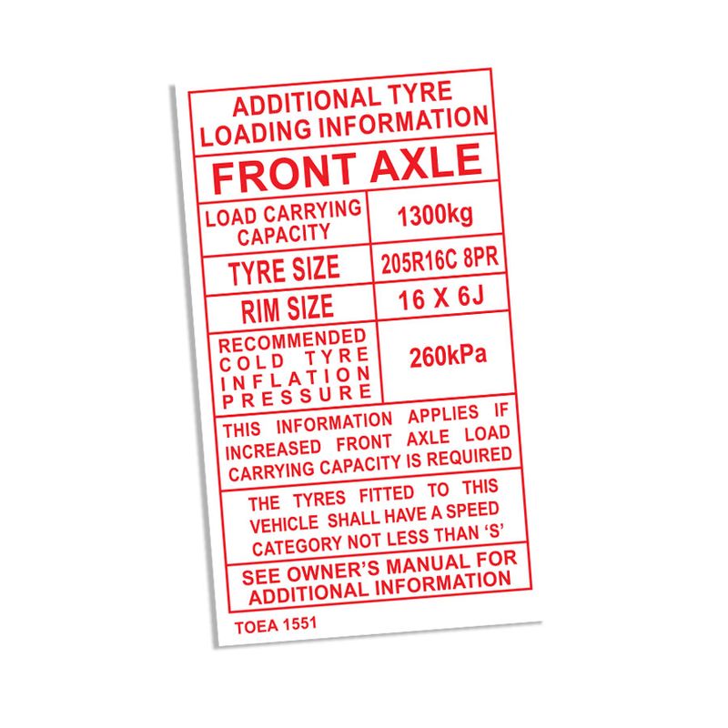 ADDITIONAL TYRE INFORMATION PLACARD : TOYOTA HILUX KUN26R (TOEA-1551)