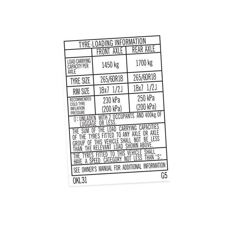 TYRE INFORMATION PLACARD : TOYOTA HILUX GUN126R (0KL31)