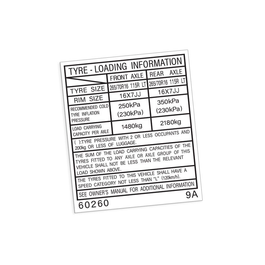 TYRE INFORMATION PLACARD DECAL : J76 TOYOTA LAND CRUISER (#60260)