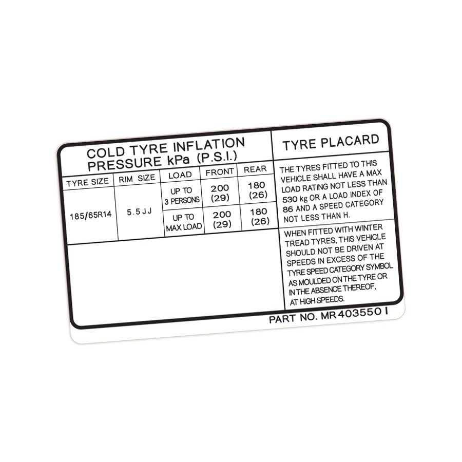 TYRE INFORMATION PLACARD DECAL : 1996-2003 MITSUBISHI MIRAGE / LANCER