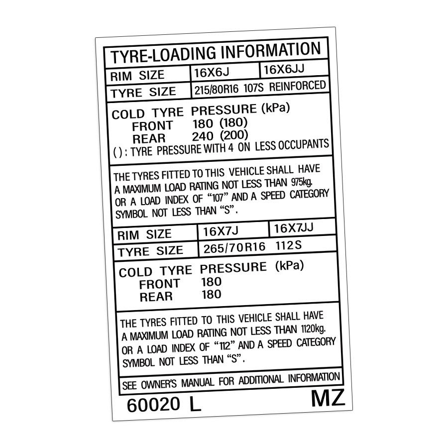 TYRE INFORMATION PLACARD DECAL : J90 TOYOTA LAND CRUISER (#60020 L)